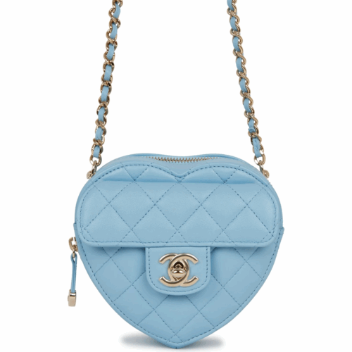 Love Heart Clutch with Chain Blue Lambskin Light Gold Hardware